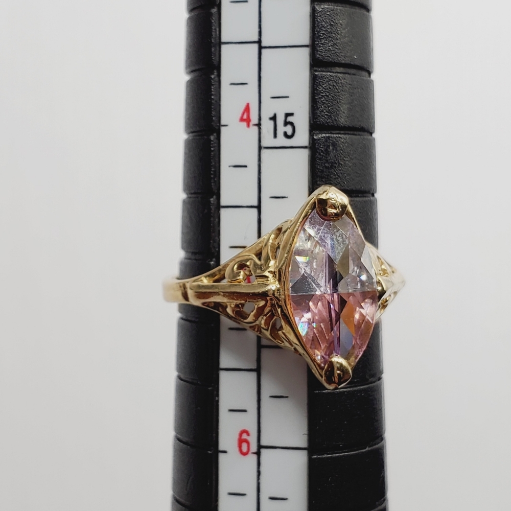 14k Solid Yellow Gold Two Tone Pink & Purple Marquise Checkerboard Cut CZ Ring - Picture 6 of 9